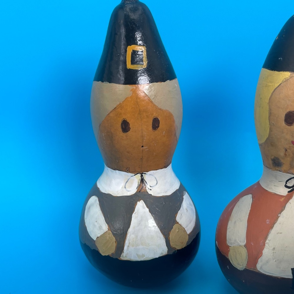 Vintage Hand Painted Pilgrim Gourd Figurines 4 Multicolor Thanksgiving Folk Art - Picture 3 of 8